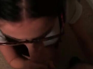 Inexperienced girlfriend jizz on face and glasses